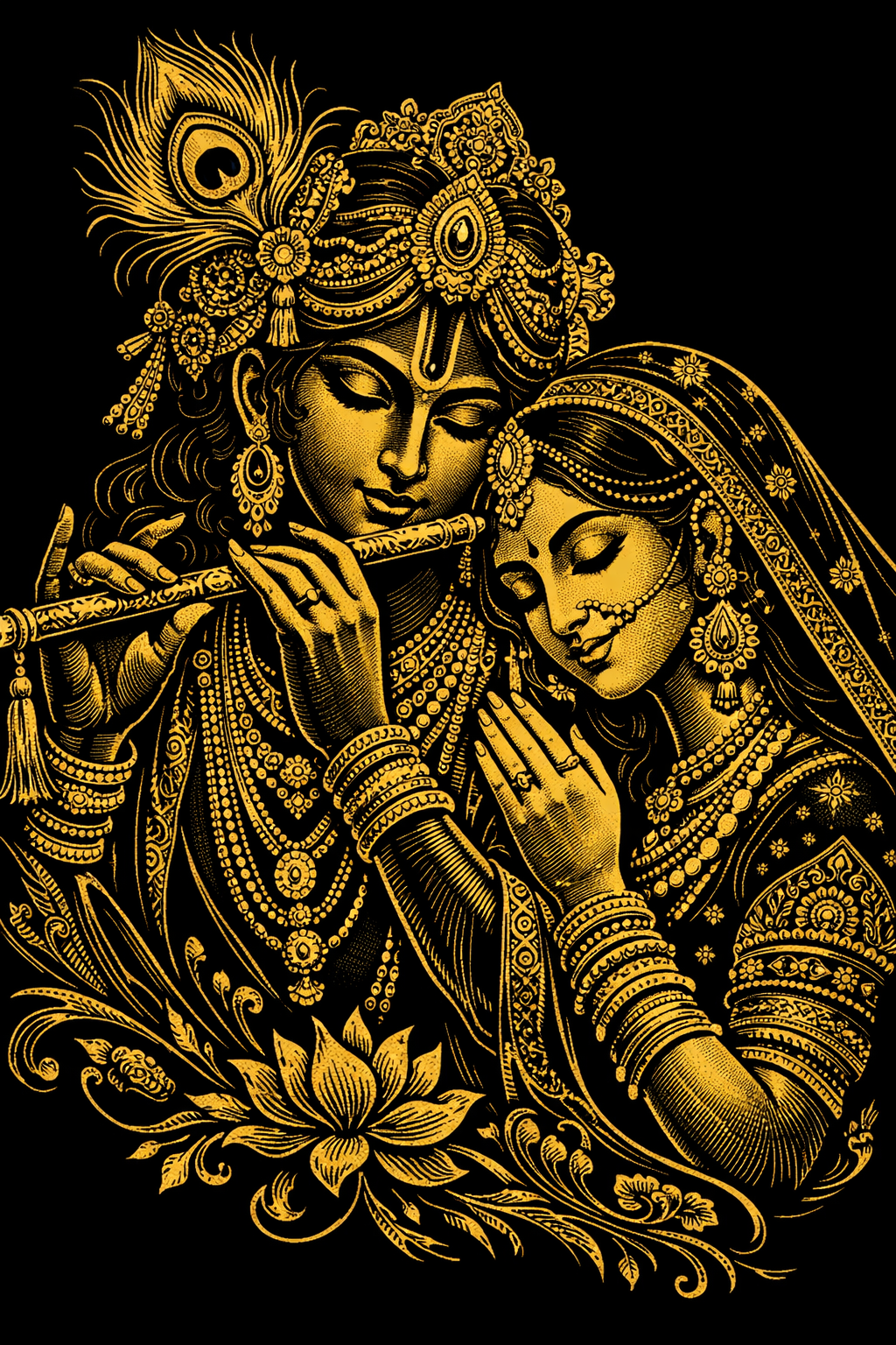 Radha Krishna black and gold painting with intricate line art and gold foil details on black background
